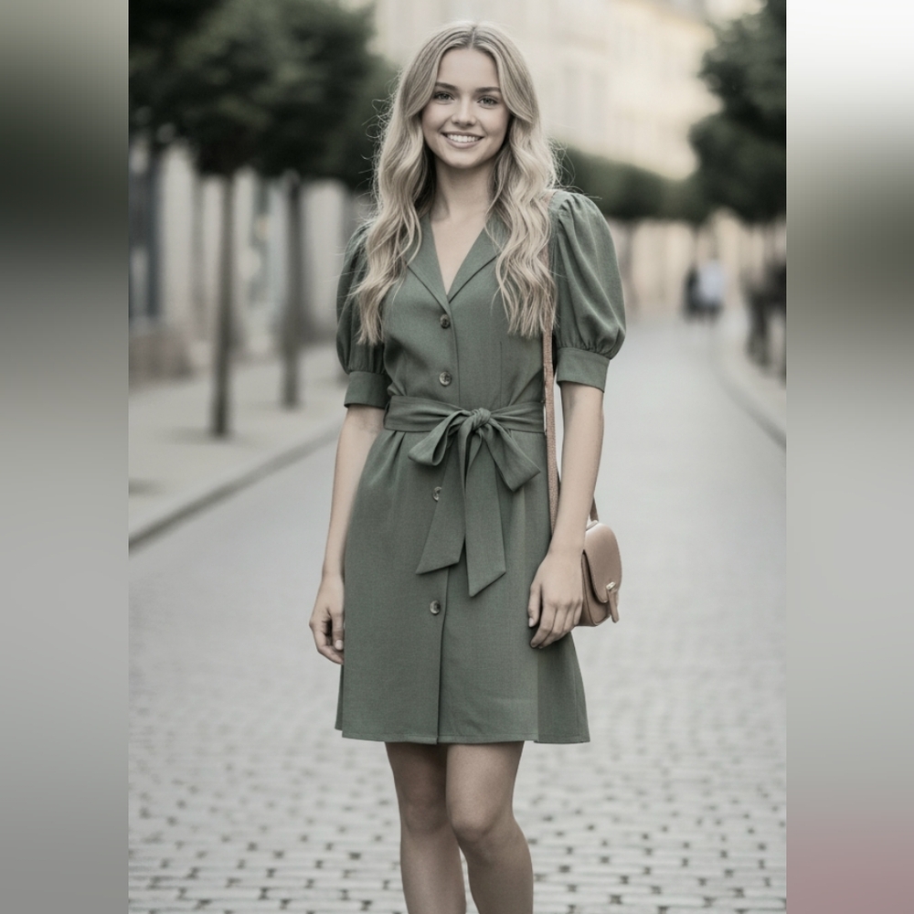 Kit & Sky Juniors Button-Down Green Olive Puff-Sleeve Short Dress M * NO BELT*